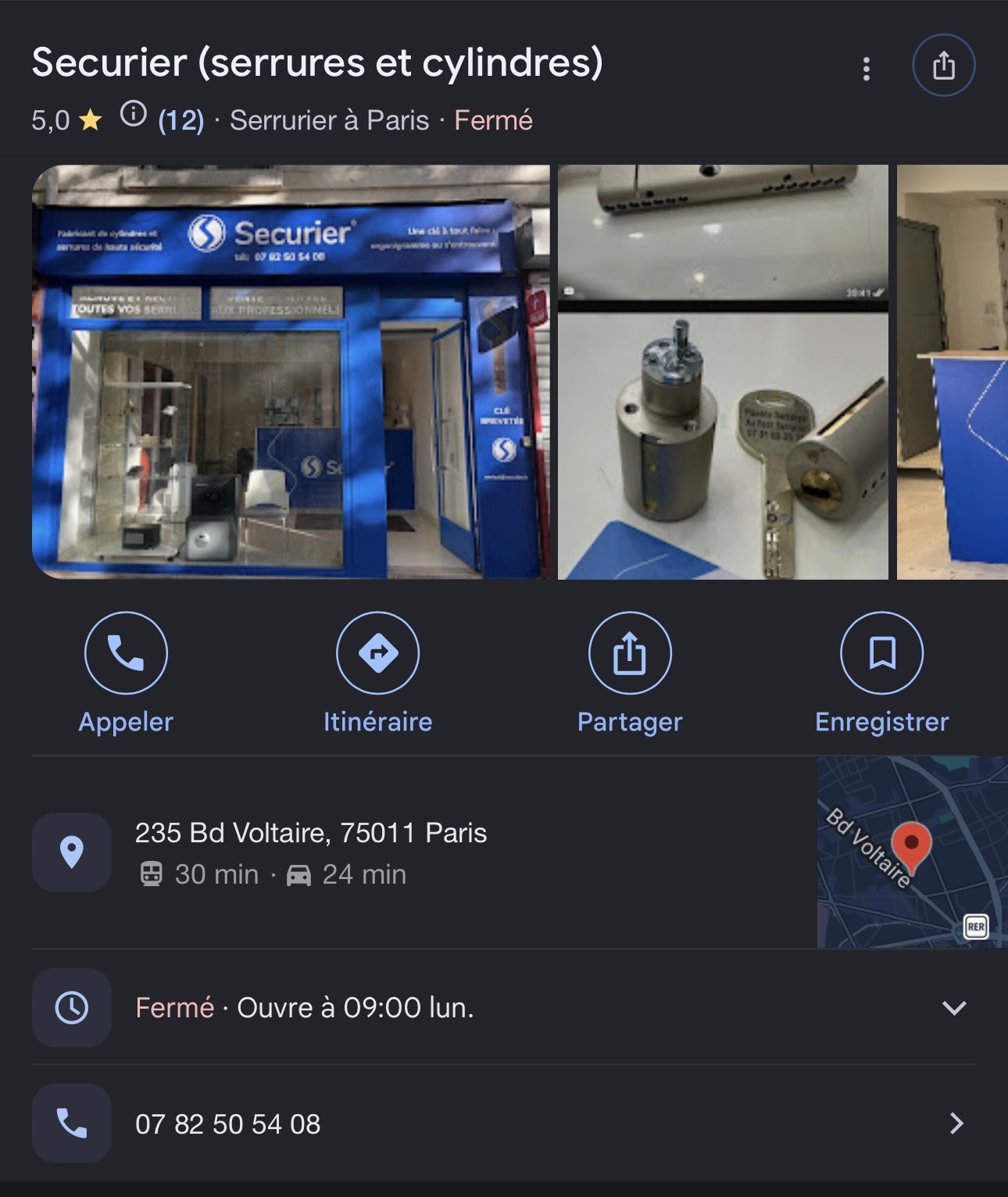 Fiche Google SECURIER — serrures et cylindres, 5,0 étoiles, 235 Bd Voltaire Paris